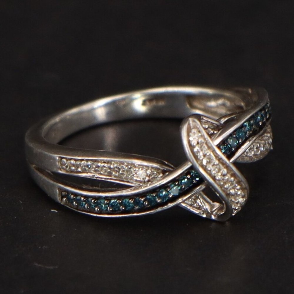 Blue Diamond Ring Sterling Silver Ring sz 4 1/2 JWBR Blue & White Diamond Inte
